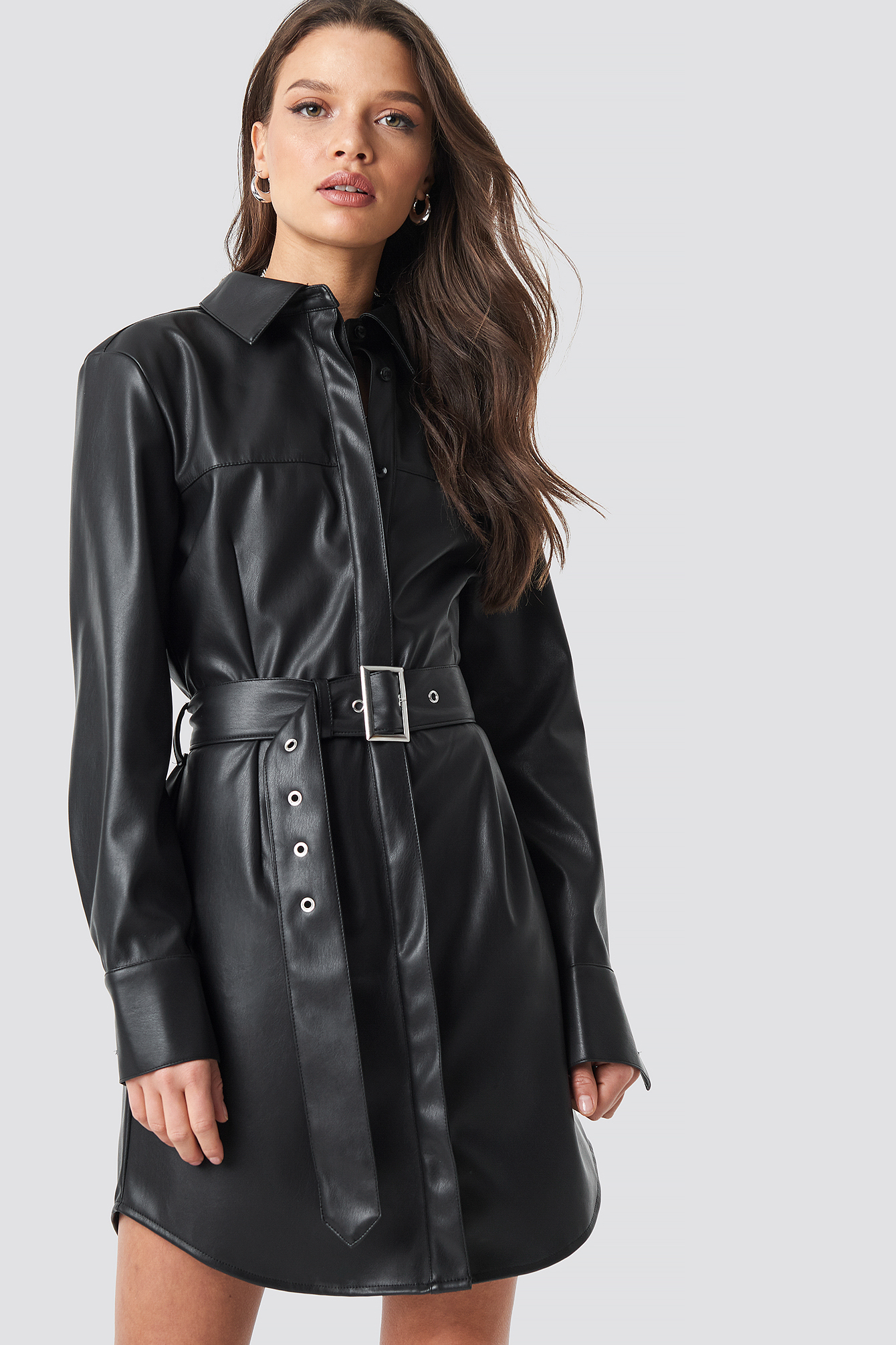PU Leather Shirt Dress Black | na-kd.com